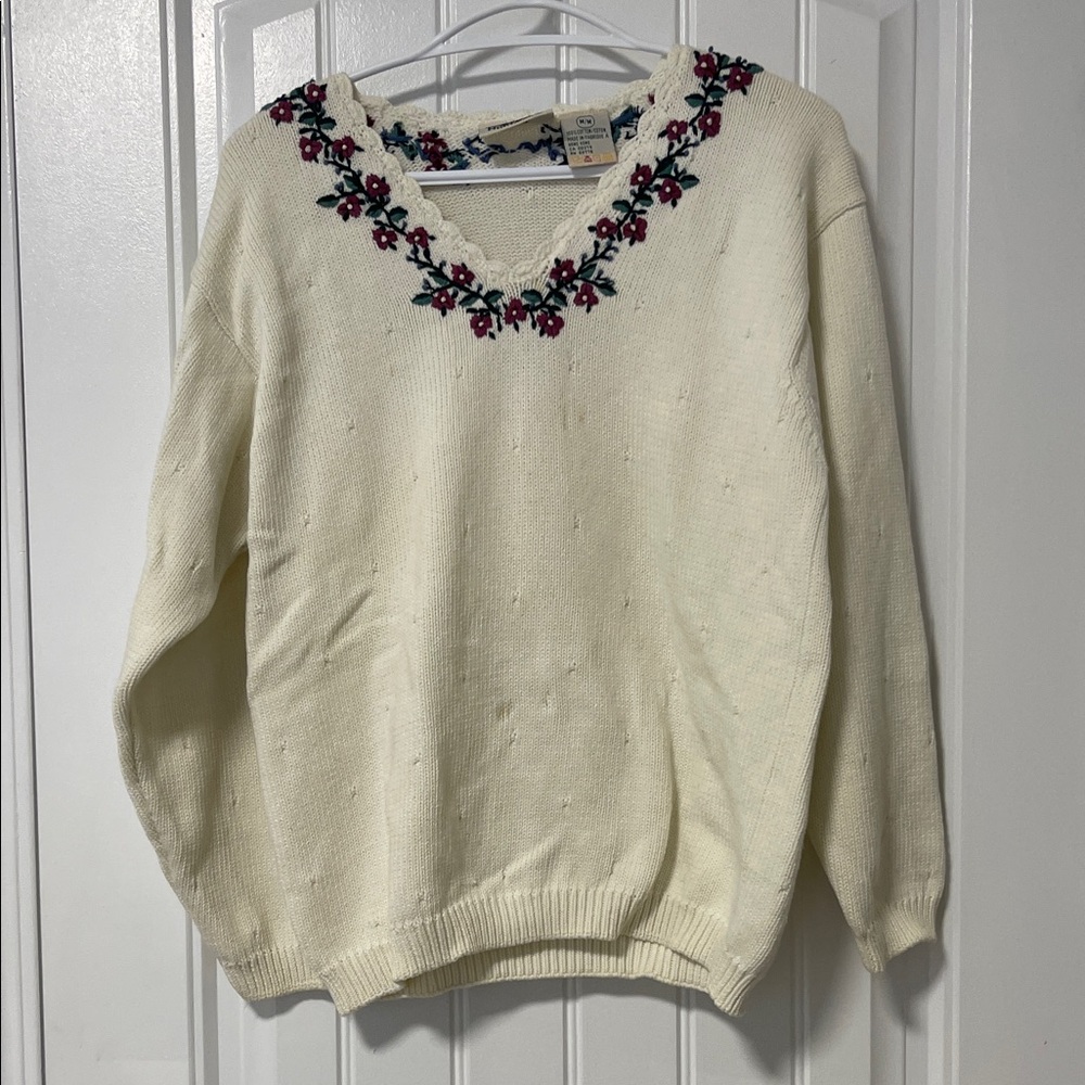 Northern Reflections Cream Sweater with Floral Neckline